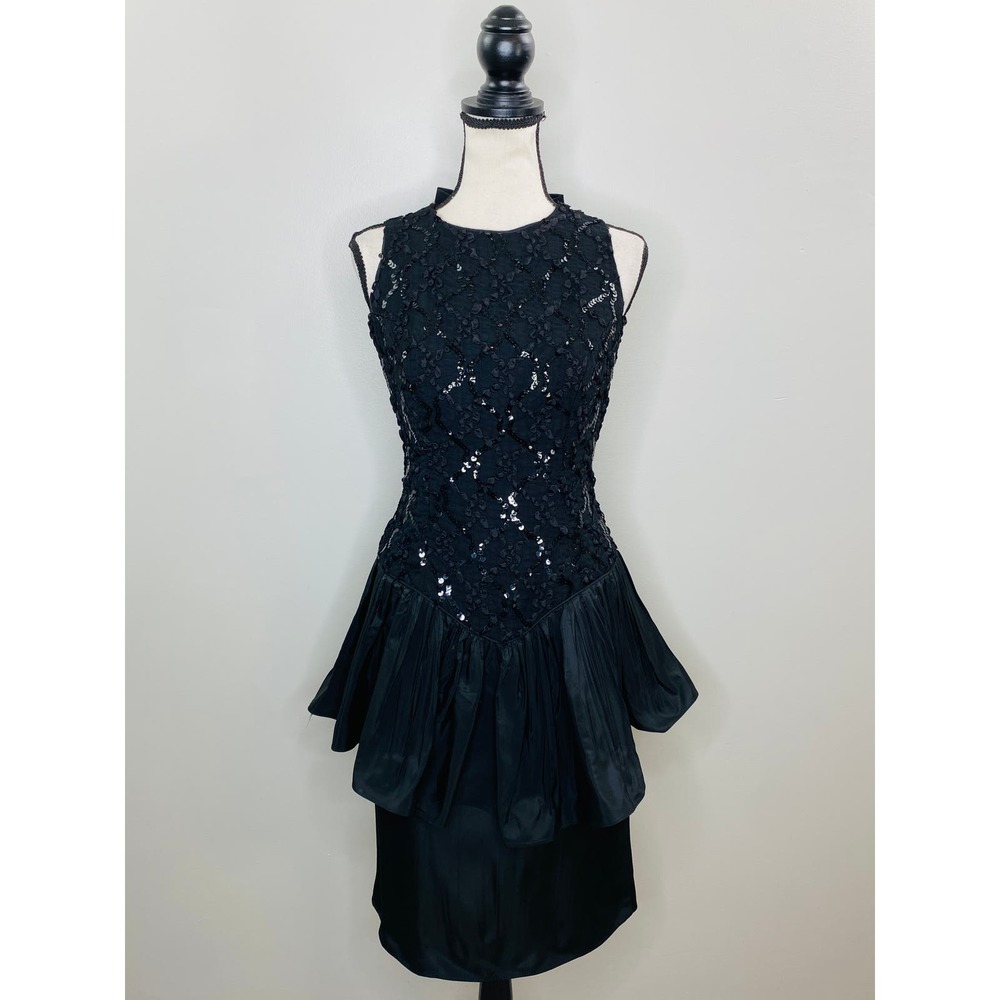 Vintage Sequin Taffeta Drop Waist Peplum Dress 8 Medium Cruise Semi Formal Glam